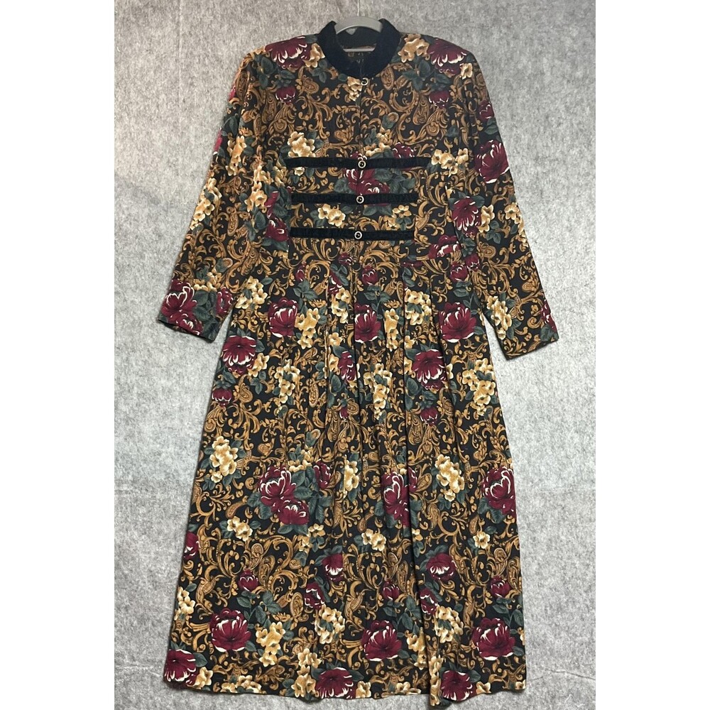 Vintage M.H.M. Dress Womens 14 Black Floral Maxi Cottage Holiday Party Retro